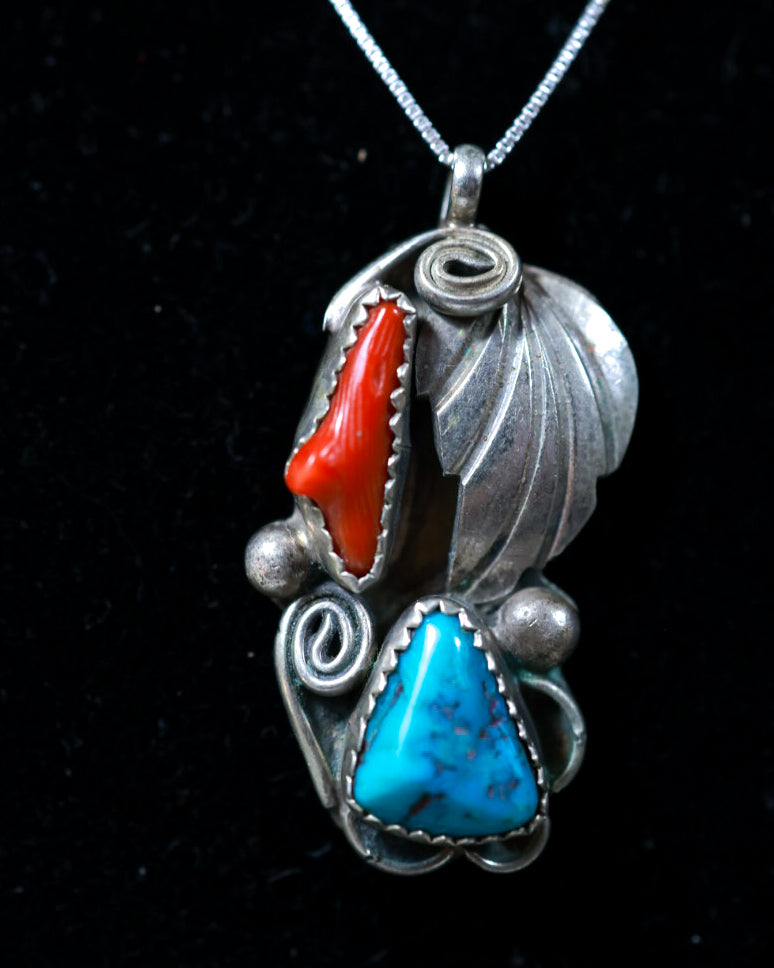 Turquoise & Coral Pendant - Smokin' Blues Turquoise