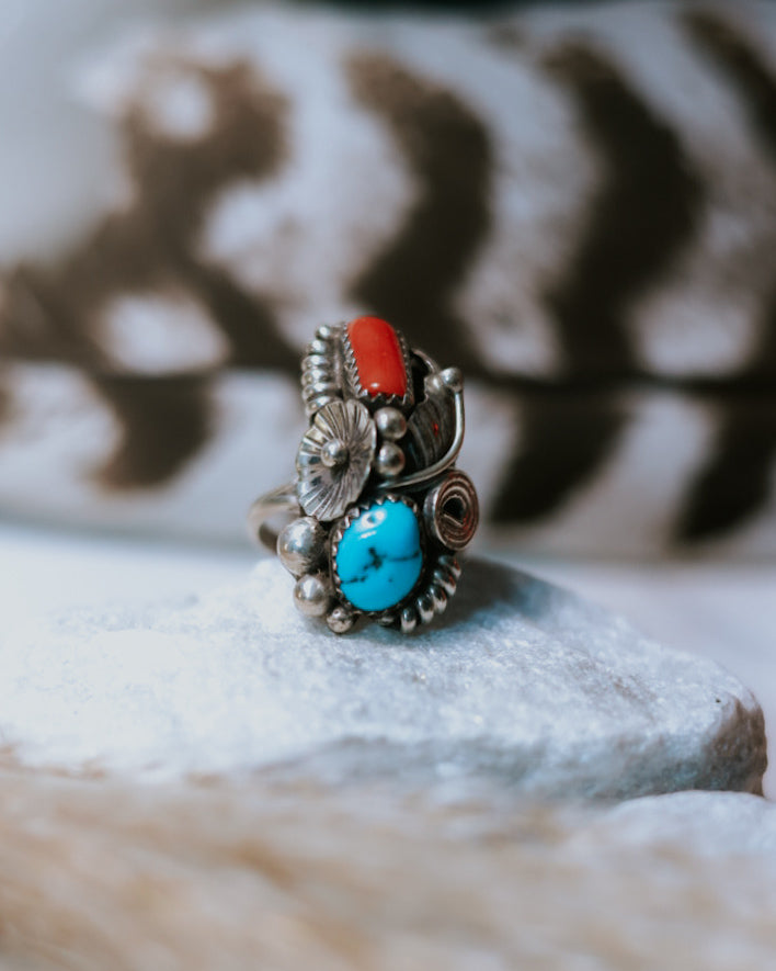 Turquoise & Coral Ring | Size 7 - Smokin' Blues Turquoise