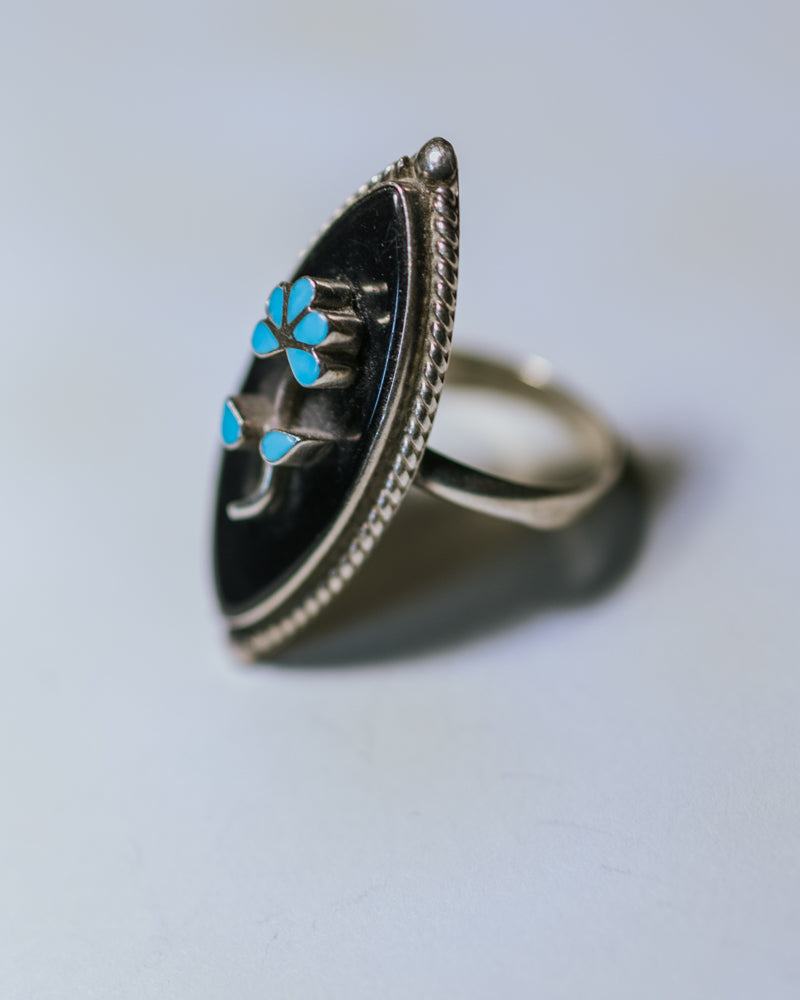 Black Onyx and Turquoise Flower Ring Size 7 - Smokin' Blues Turquoise