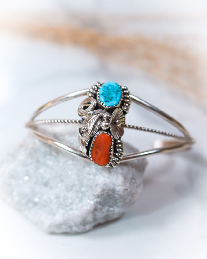 Turquoise & Coral Cuff - Smokin' Blues Turquoise