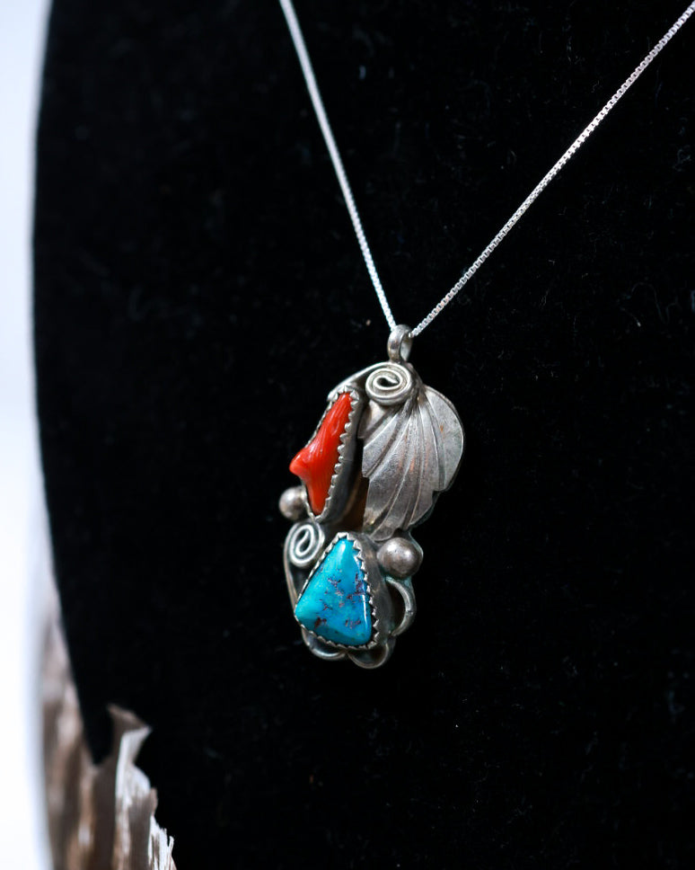 Turquoise & Coral Pendant - Smokin' Blues Turquoise