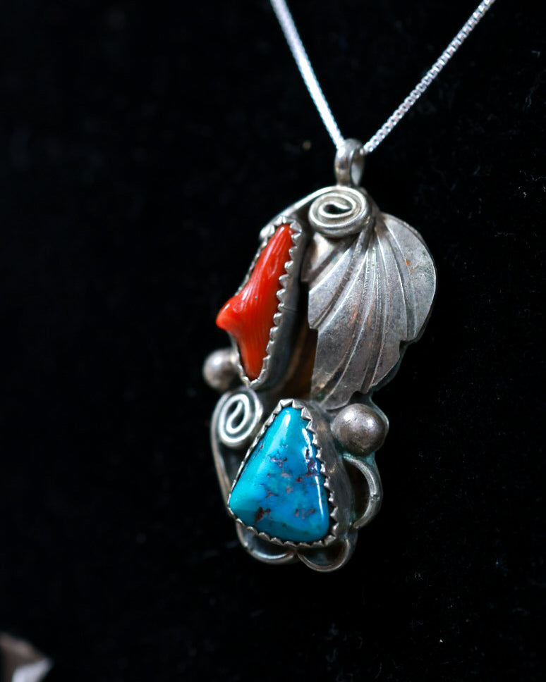 Turquoise & Coral Pendant - Smokin' Blues Turquoise