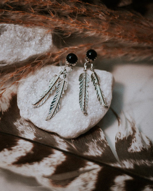 Black Onyx Feather Earrings - Smokin' Blues Turquoise