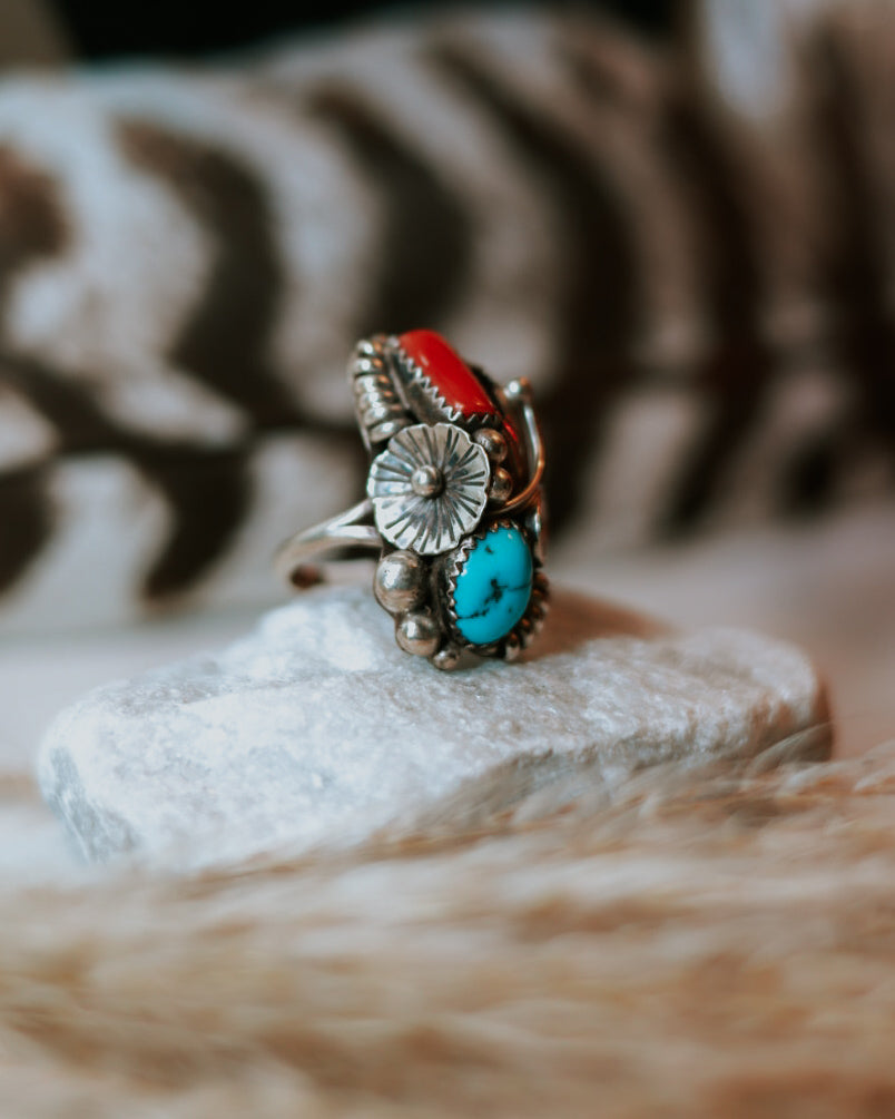 Turquoise & Coral Ring | Size 7 - Smokin' Blues Turquoise
