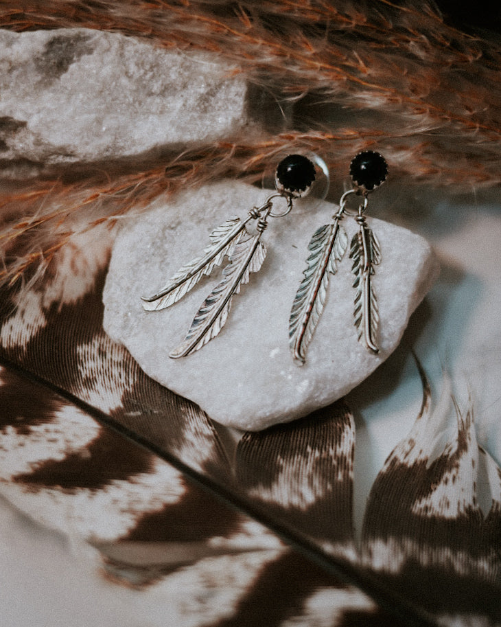 Black Onyx Feather Earrings - Smokin' Blues Turquoise