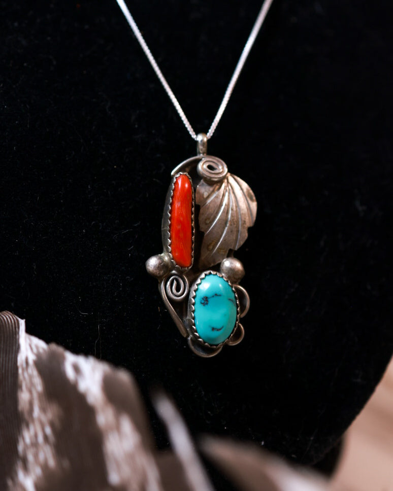 Turquoise & Coral Pendant - Smokin' Blues Turquoise