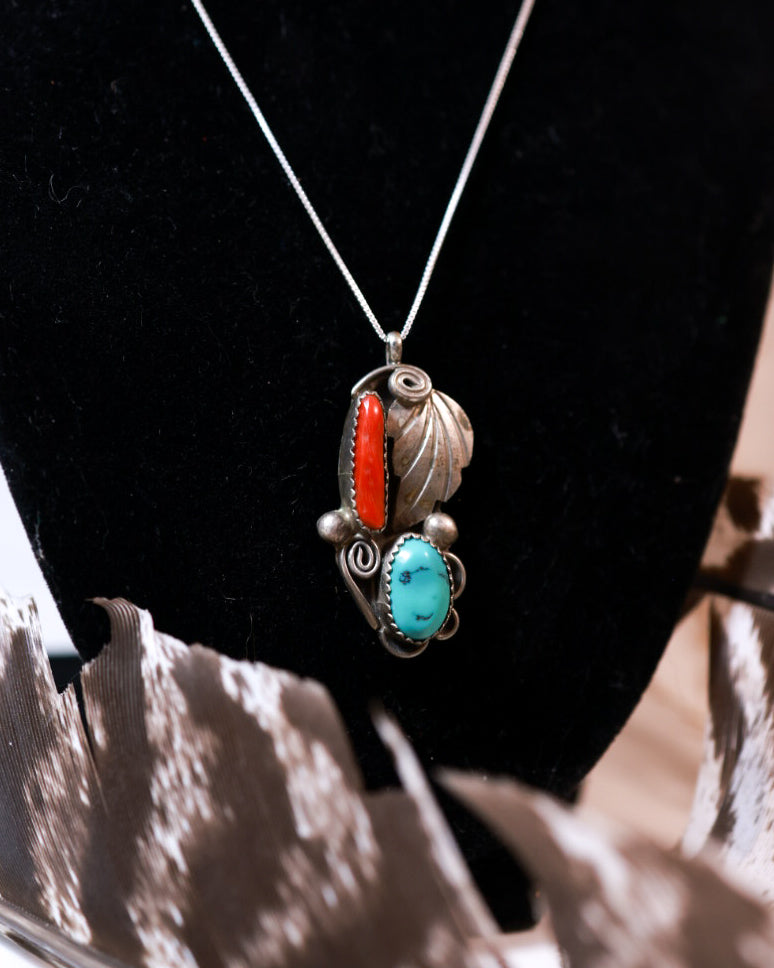 Turquoise & Coral Pendant - Smokin' Blues Turquoise