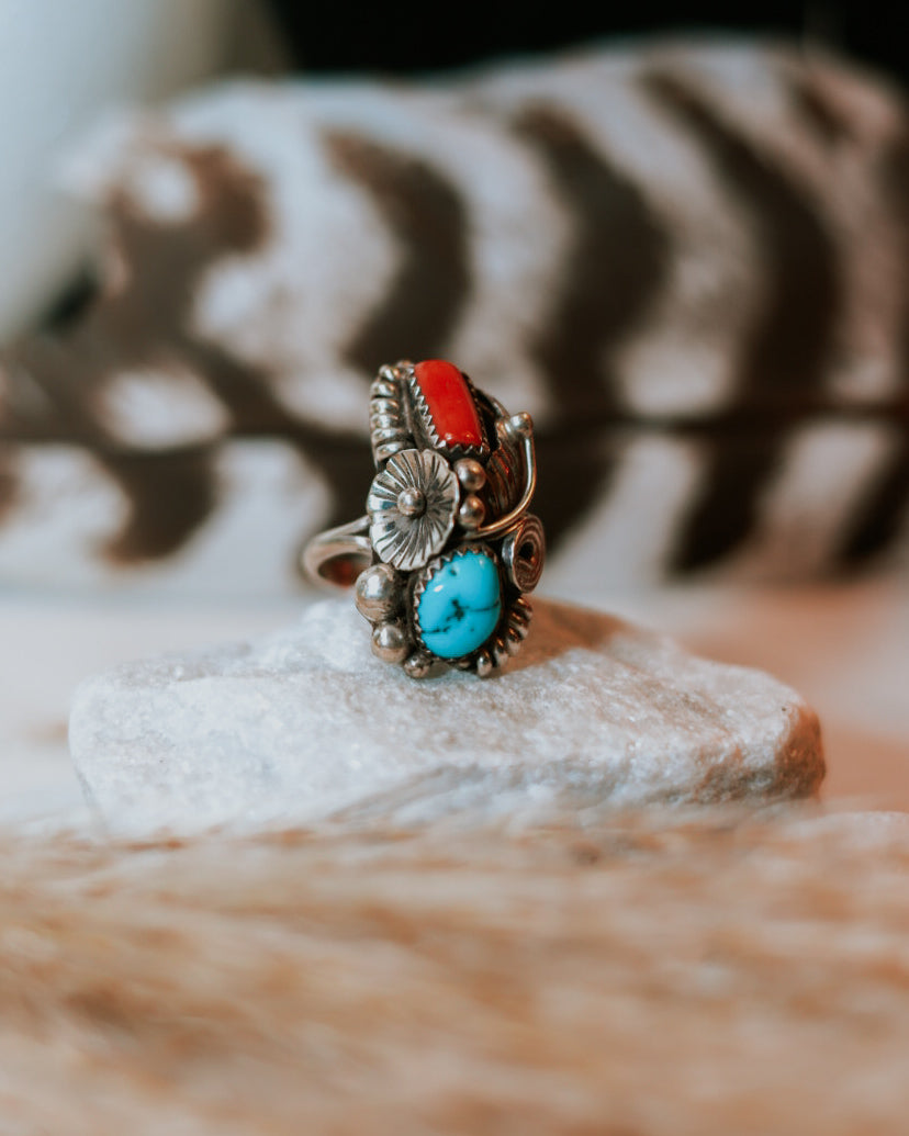 Turquoise & Coral Ring | Size 7 - Smokin' Blues Turquoise