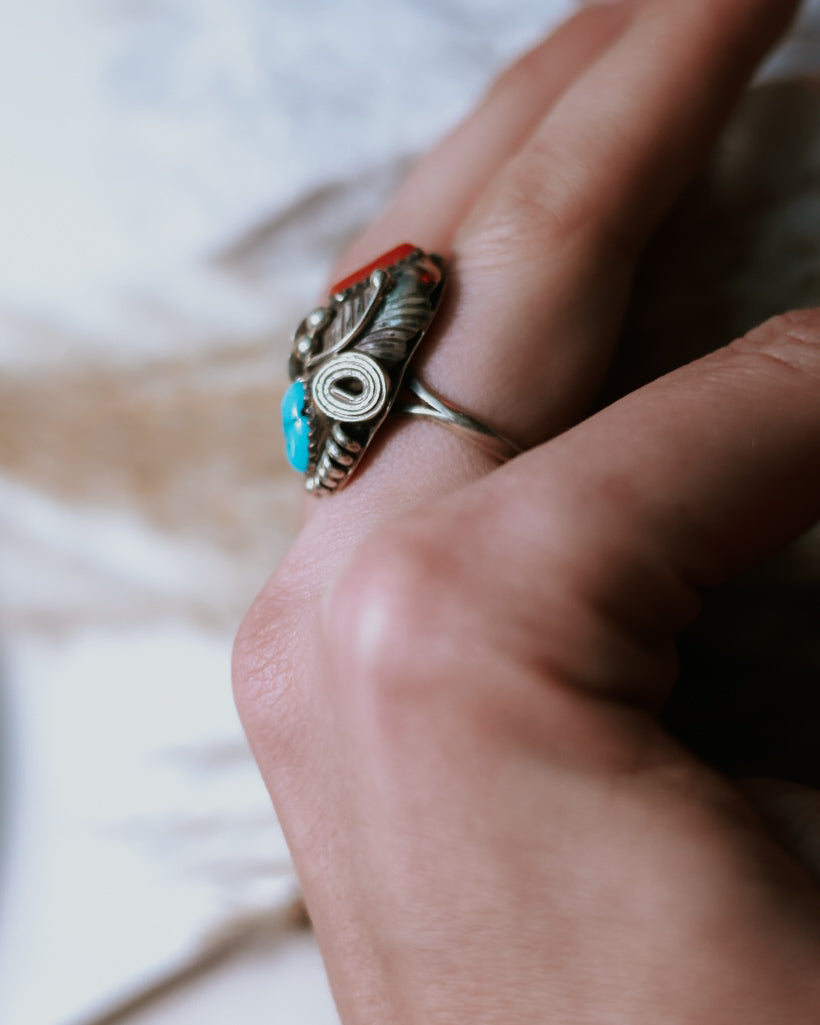 Turquoise & Coral Ring | Size 7 - Smokin' Blues Turquoise