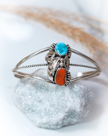 Turquoise & Coral Cuff - Smokin' Blues Turquoise