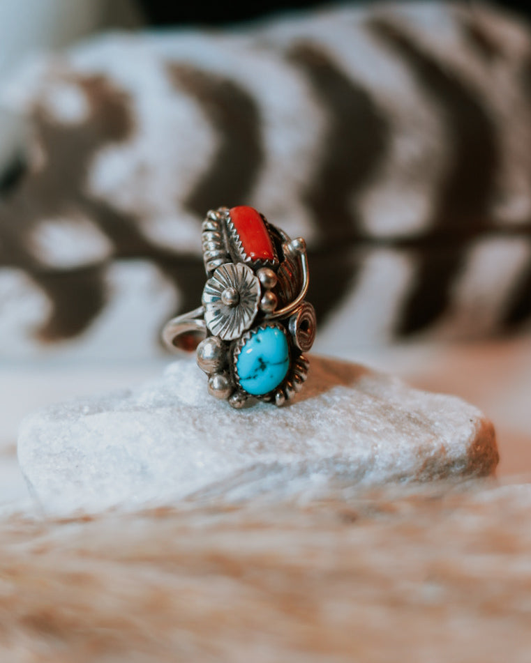Turquoise & Coral Ring | Size 7 - Smokin' Blues Turquoise