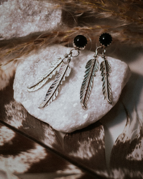 Black Onyx Feather Earrings - Smokin' Blues Turquoise
