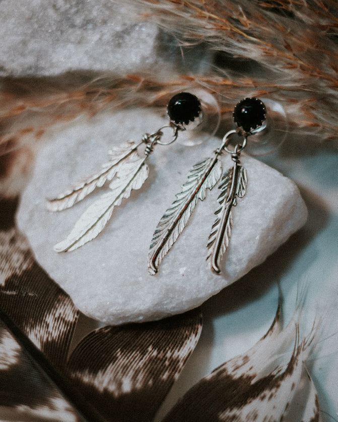 Black Onyx Feather Earrings - Smokin' Blues Turquoise