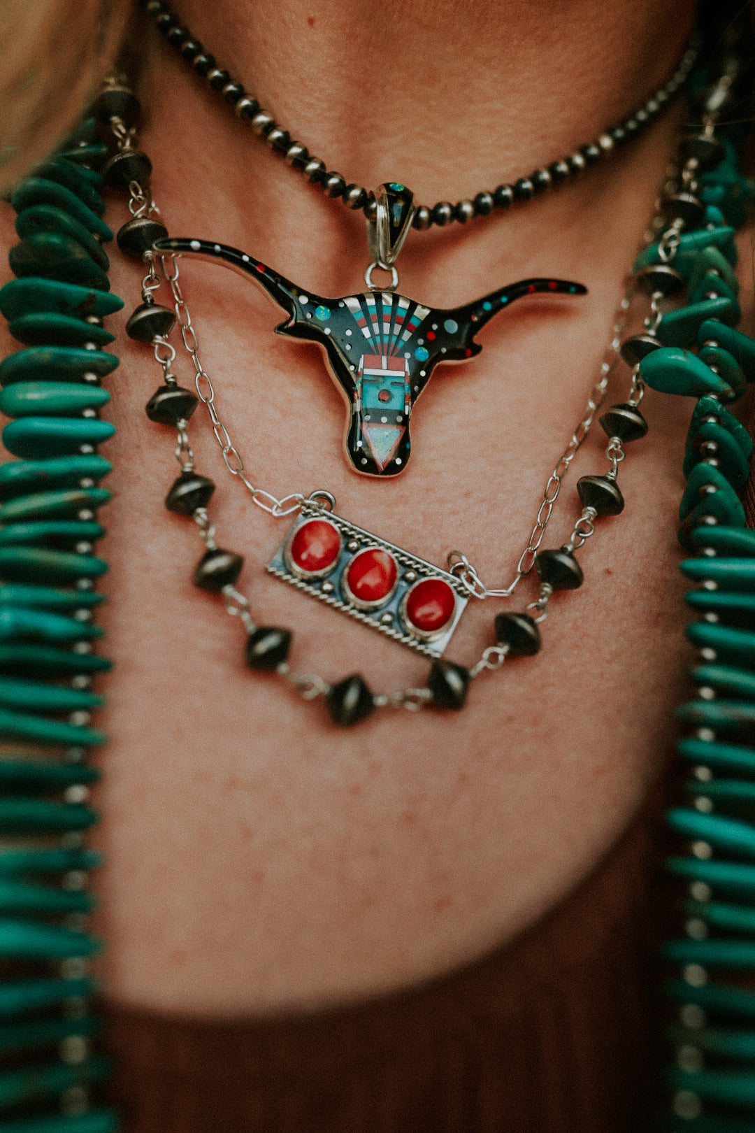 Zuni Longhorn Pendant - Smokin' Blues Turquoise