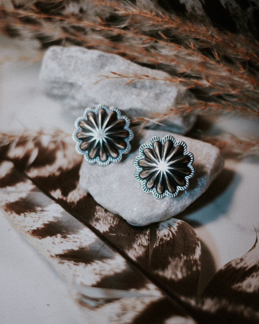 Sterling Silver Concho Earrings - Smokin' Blues Turquoise