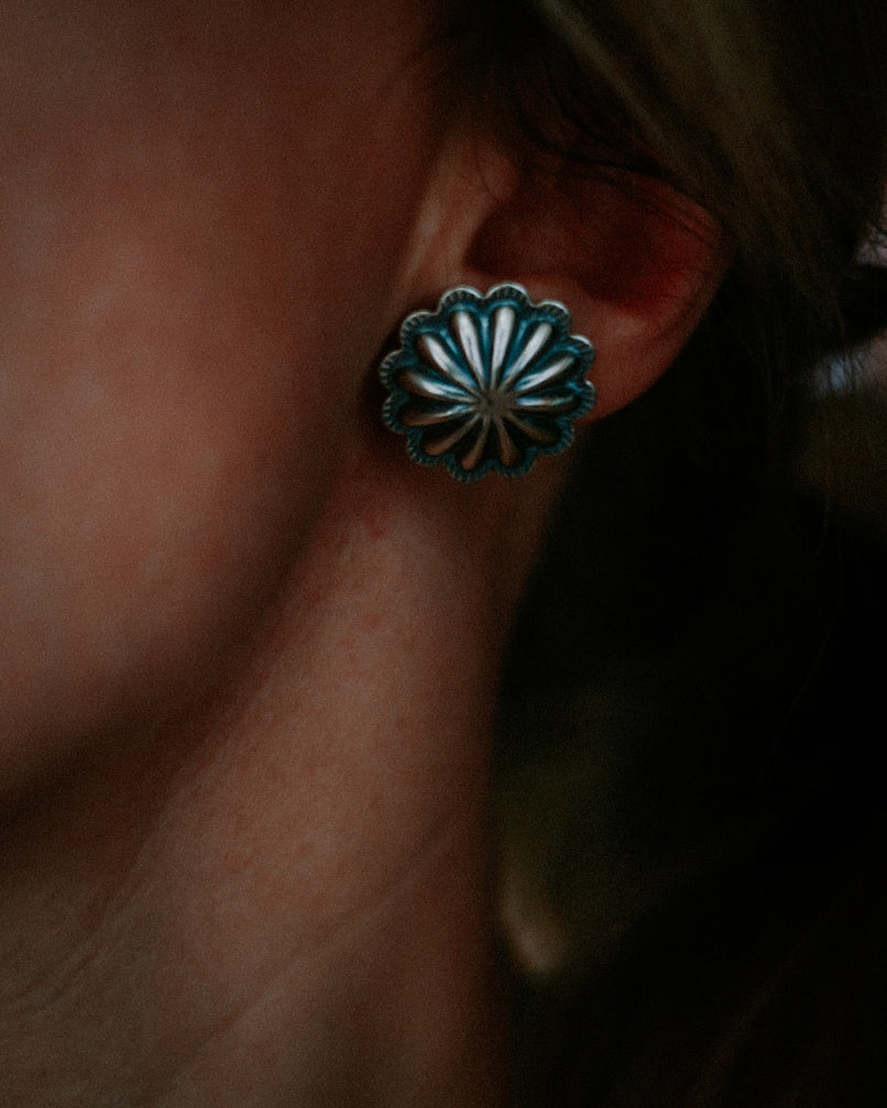 Sterling Silver Concho Earrings - Smokin' Blues Turquoise