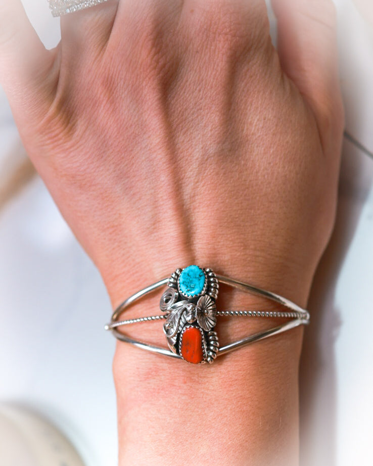 Turquoise & Coral Cuff - Smokin' Blues Turquoise