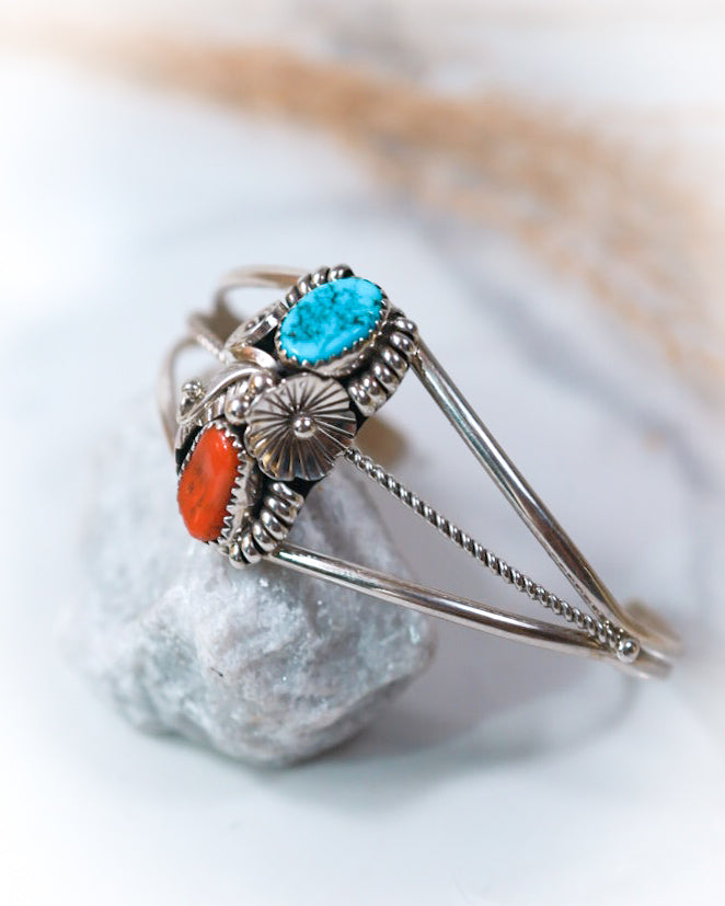Turquoise & Coral Cuff - Smokin' Blues Turquoise
