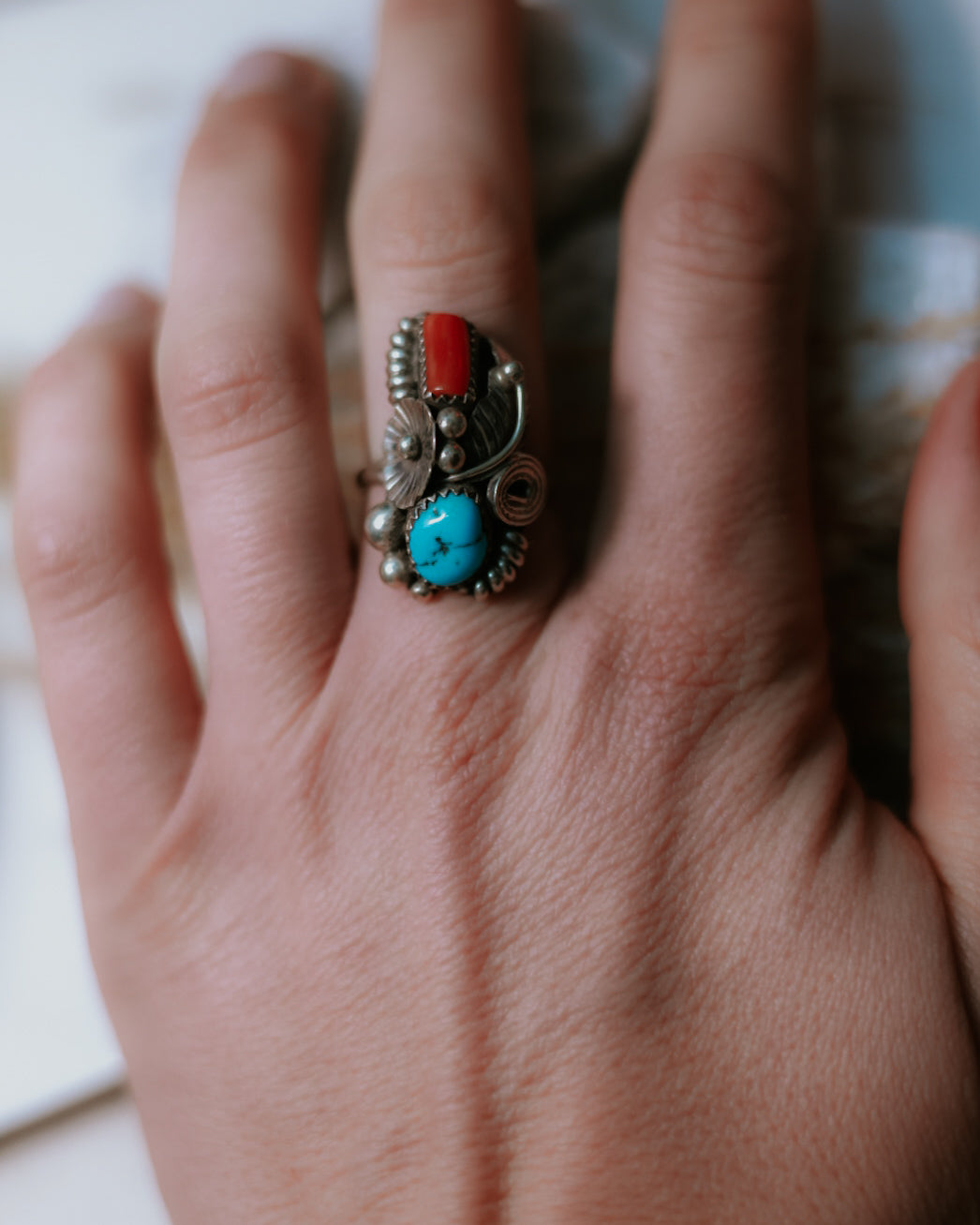 Turquoise & Coral Ring | Size 7 - Smokin' Blues Turquoise