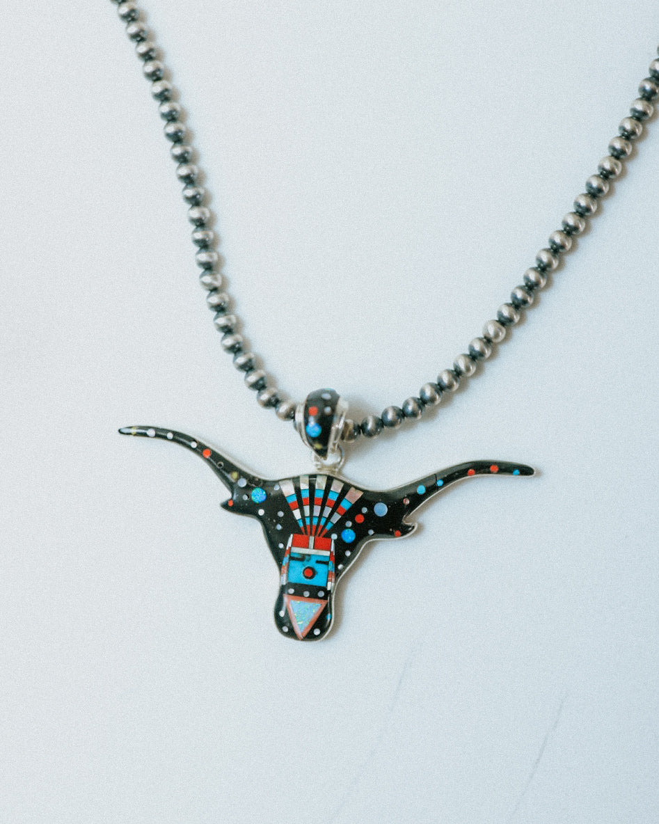 Zuni Longhorn Pendant - Smokin' Blues Turquoise