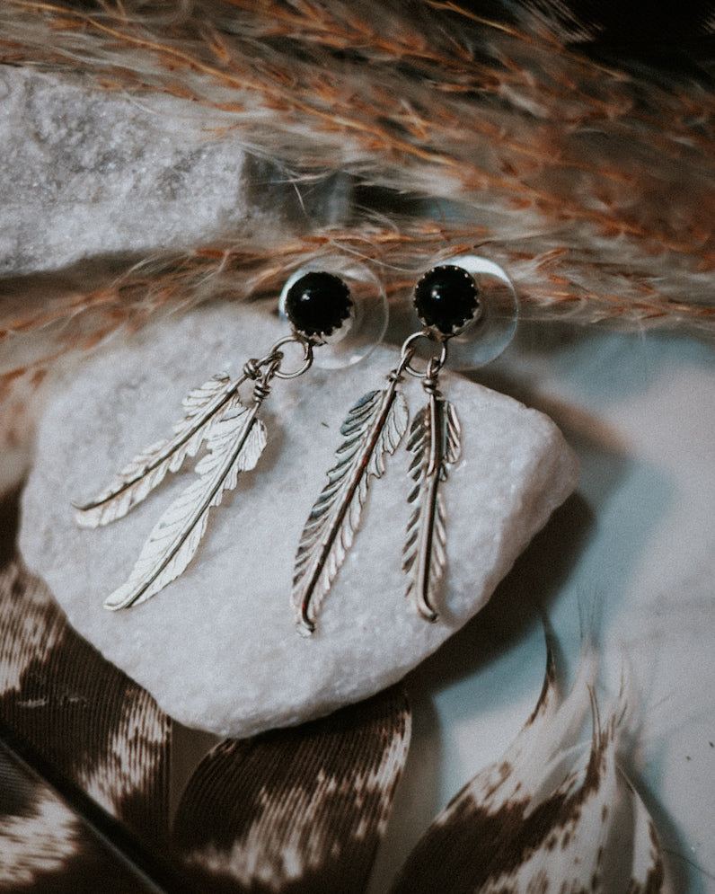 Black Onyx Feather Earrings - Smokin' Blues Turquoise