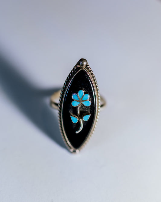 Black Onyx and Turquoise Flower Ring Size 7 - Smokin' Blues Turquoise