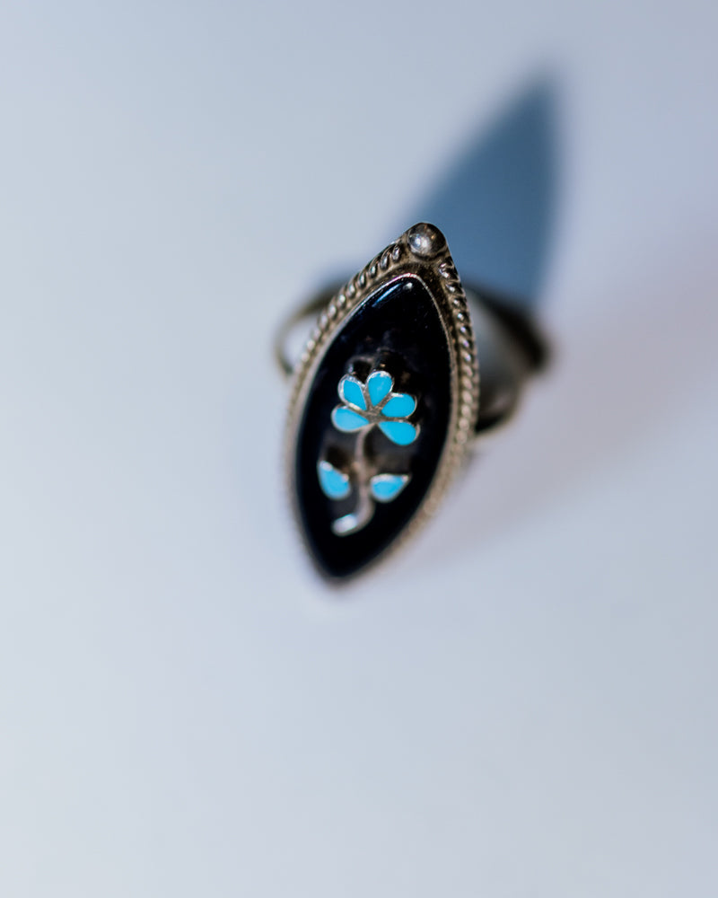 Black Onyx and Turquoise Flower Ring Size 7 - Smokin' Blues Turquoise