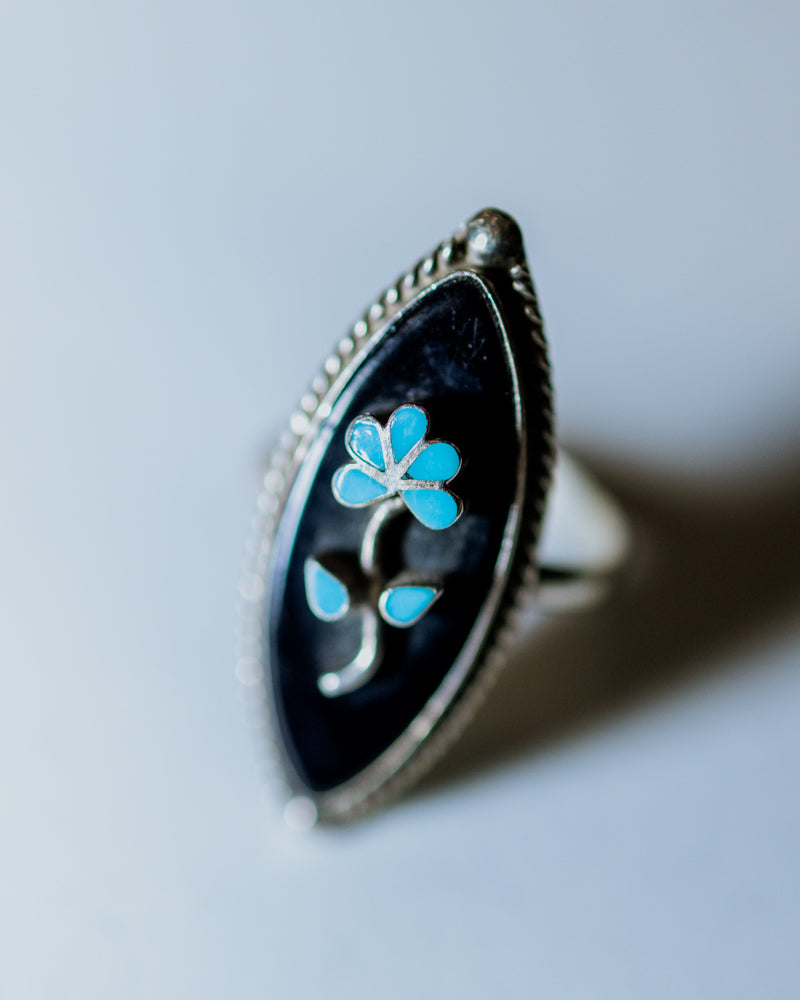 Black Onyx and Turquoise Flower Ring Size 7 - Smokin' Blues Turquoise