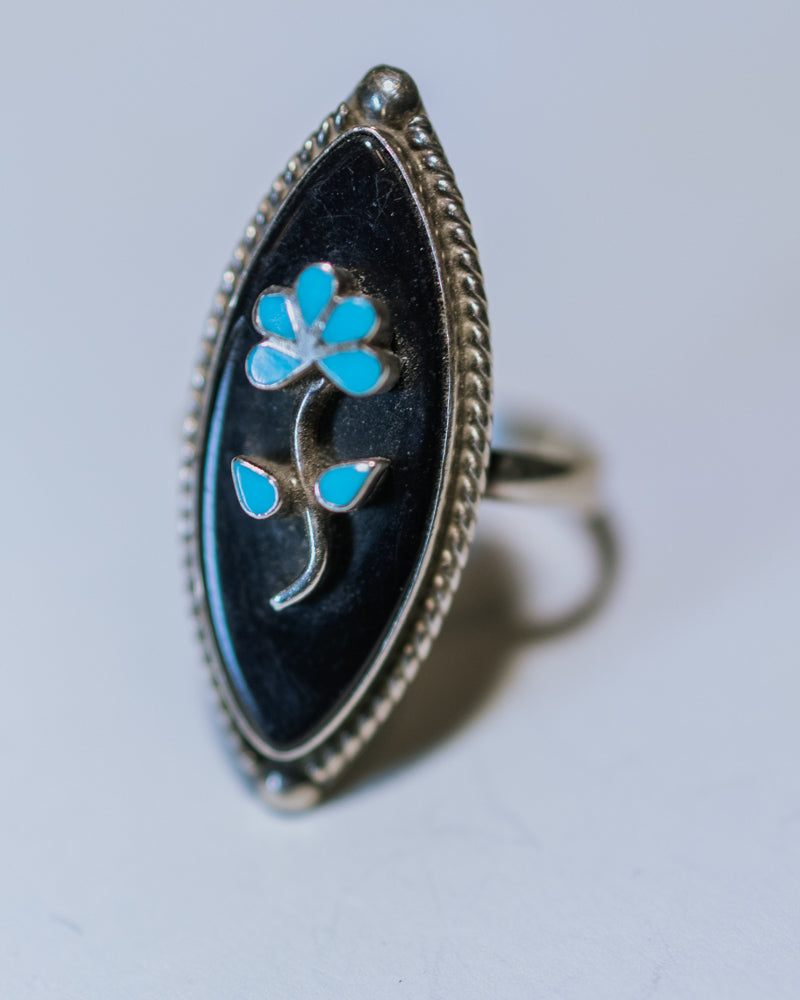 Black Onyx and Turquoise Flower Ring Size 7 - Smokin' Blues Turquoise