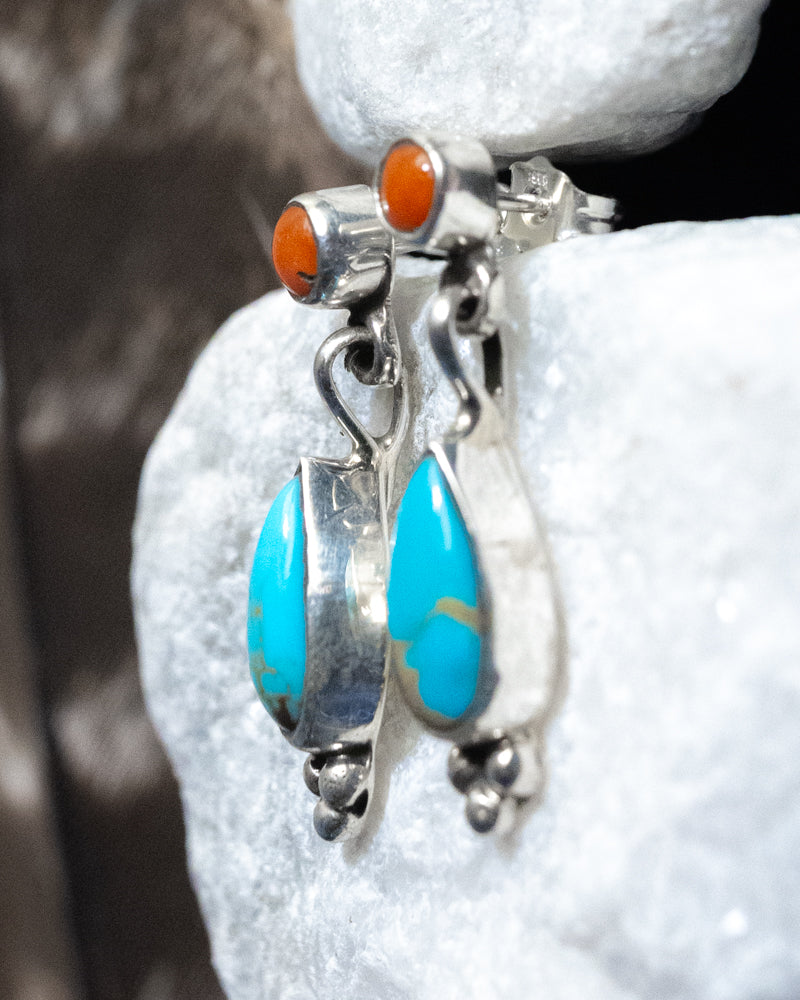 Turquoise & Coral Earrings - Smokin' Blues Turquoise