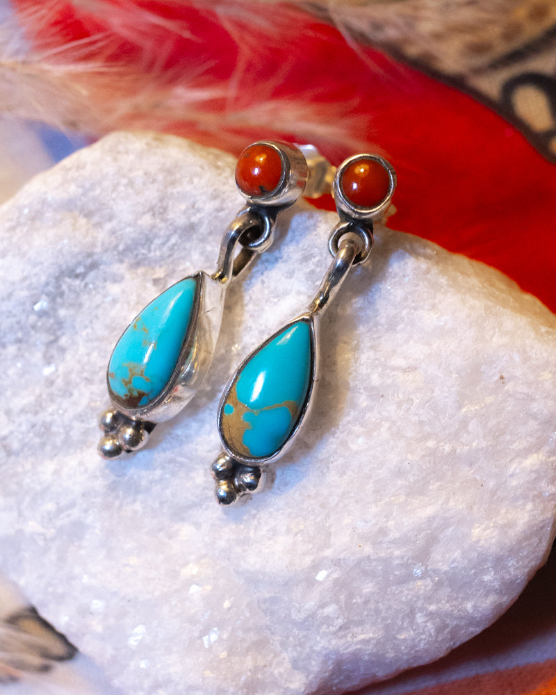 Turquoise & Coral Earrings - Smokin' Blues Turquoise